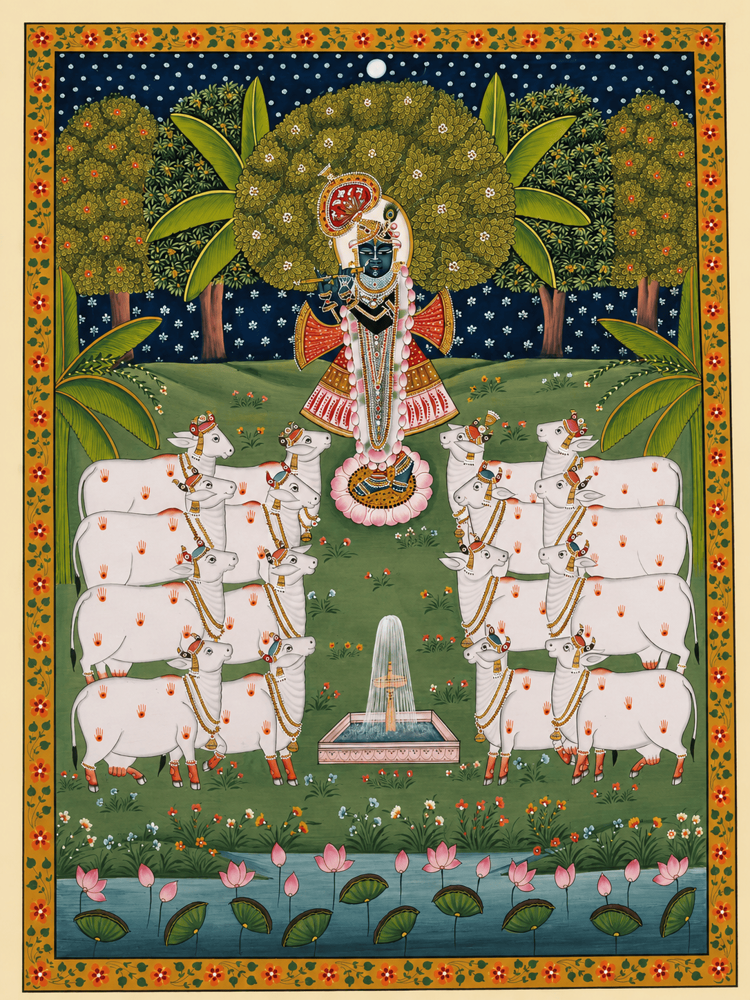 Handmade Gopashtami Pichwai Painting – Krishna with Cows, Night Scene, Natural Colors on Cotton (2x4 ft)